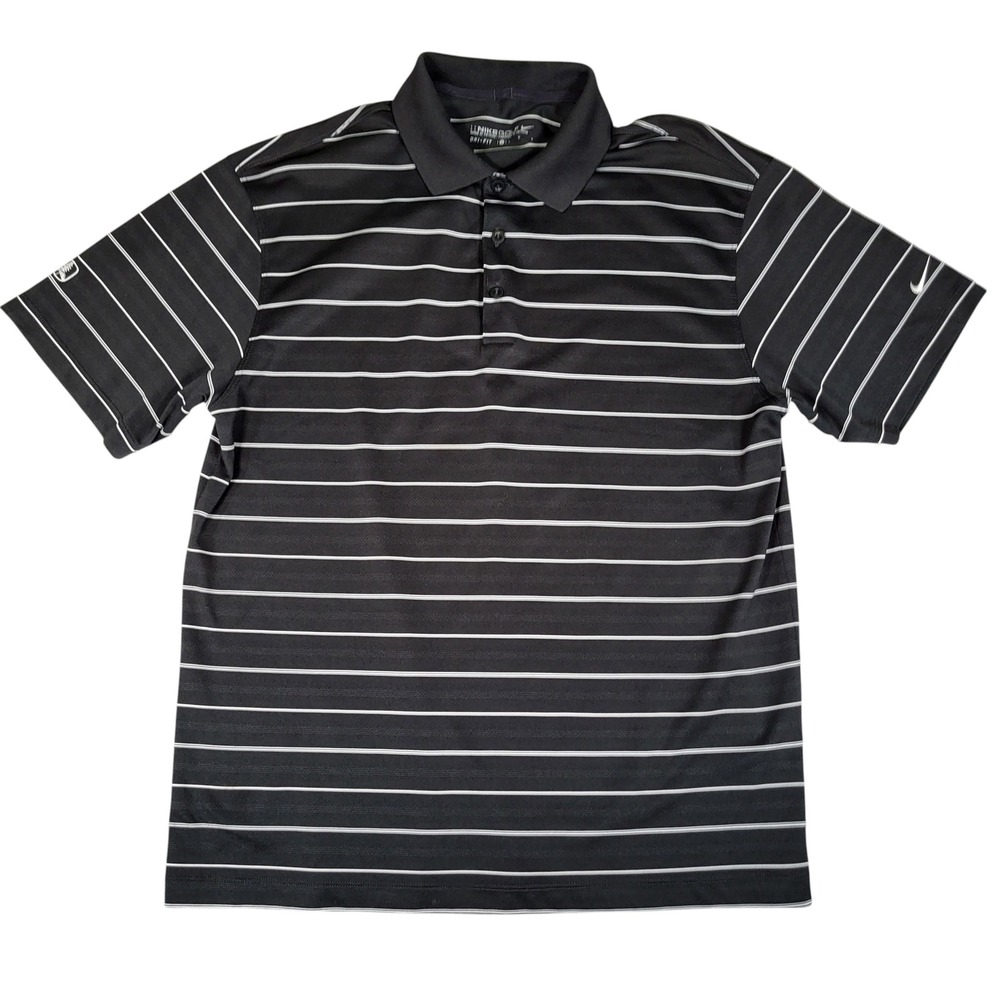 Nike Golf Shirt Mens L Dri-FIT Striped Polo Black Athletic Sport Performance